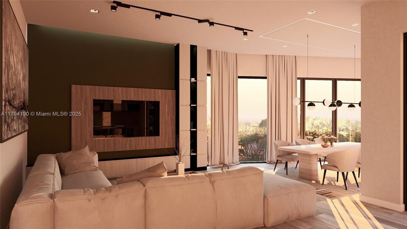 Dining room, Interior, Living room, Pendant Lights, Recessed Lighting, Wood Texture Flooring