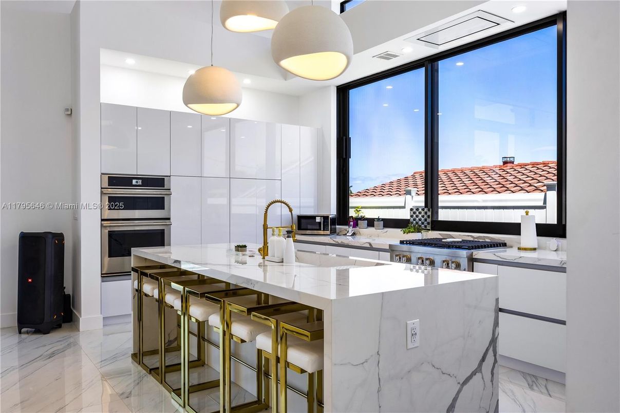 Interior, Kitchen, Marble, Pendant Lights, Recessed Lighting, Stainless Steel Appliances