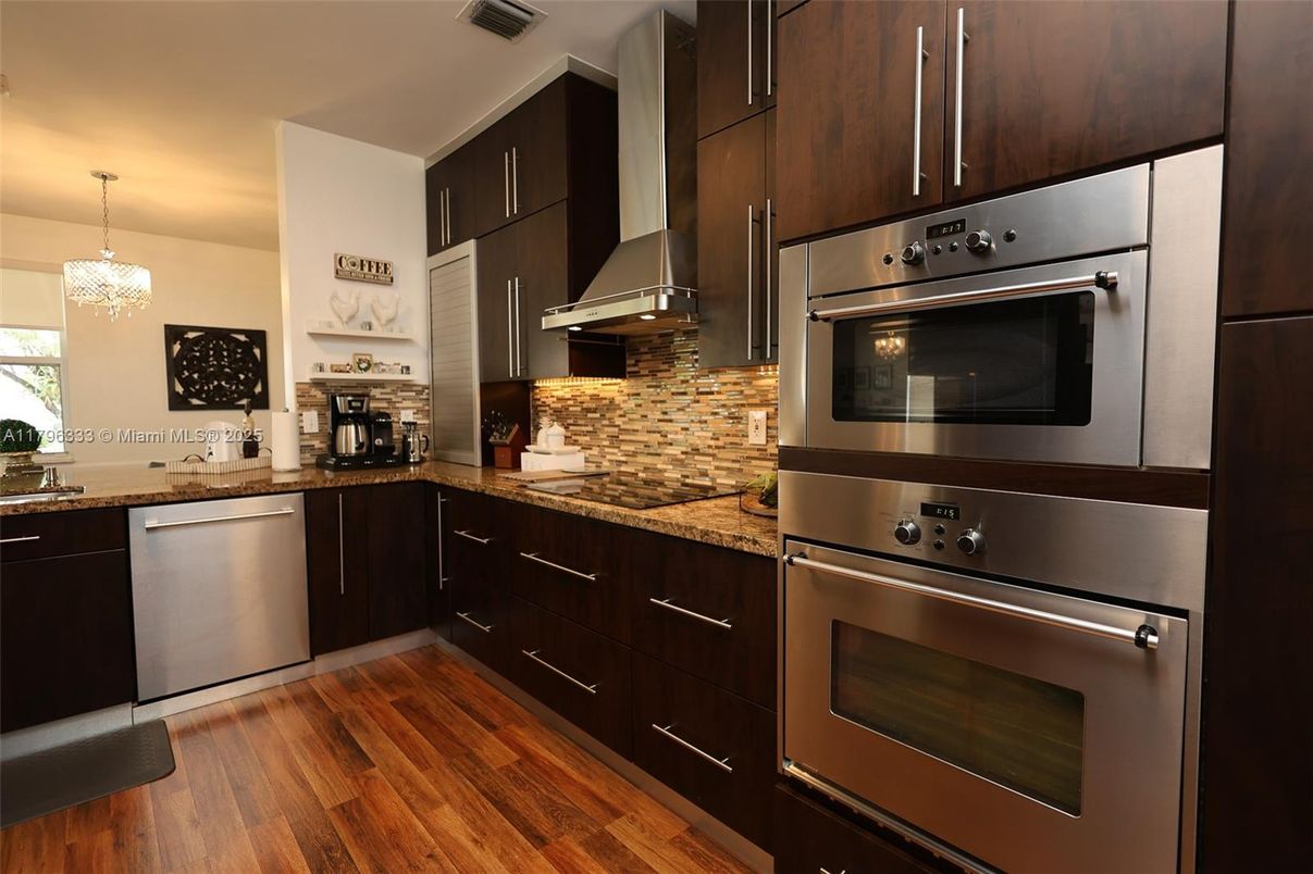 Chandelier, Interior, Kitchen, Pendant Lights, Stainless Steel Appliances, Wood Texture Flooring