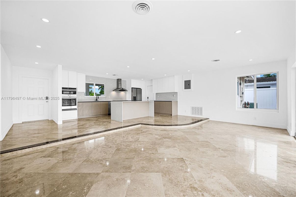 Empty room, Interior, Kitchen, Recessed Lighting, Stainless Steel Appliances