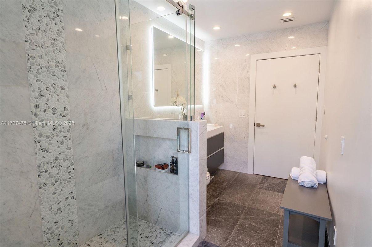 Bathroom, Glass Shower, Interior, Marble Walls, Recessed Lighting