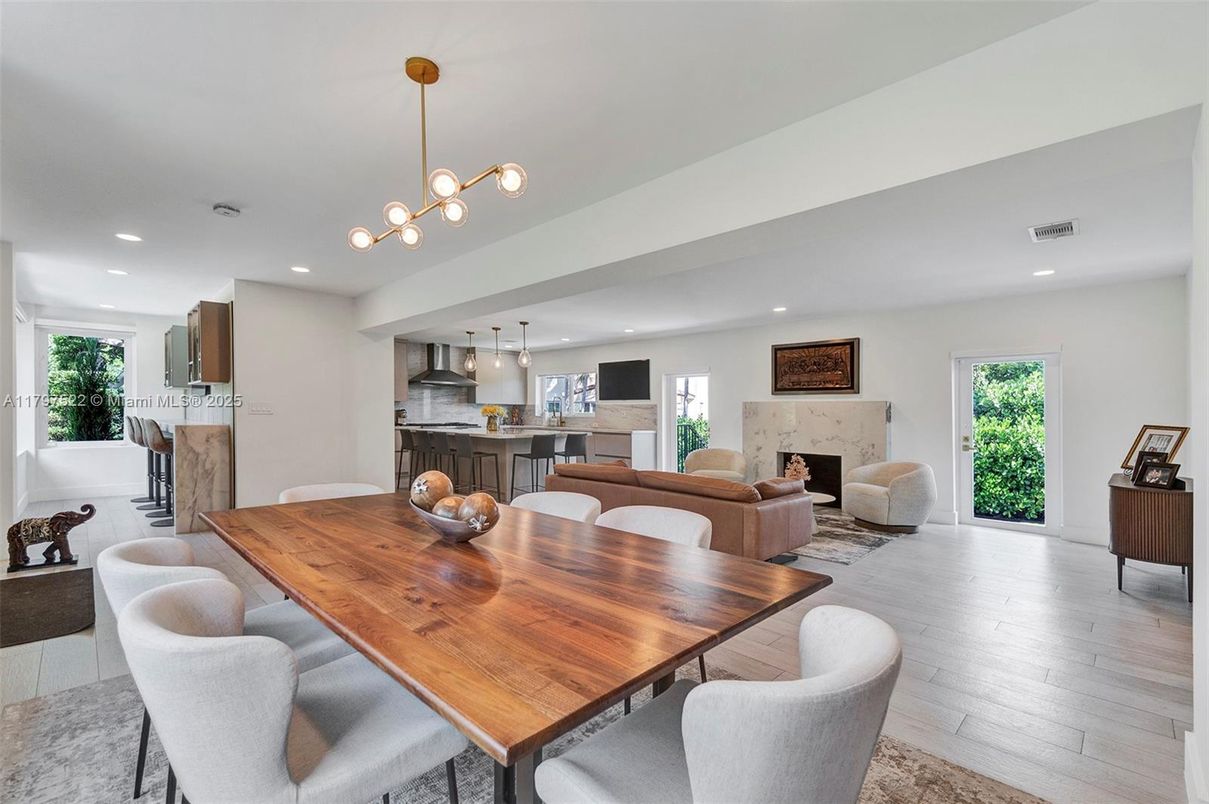 Dining room, Fireplace, Interior, Kitchen, Living room, Pendant Lights, Recessed Lighting, Wood Texture Flooring
