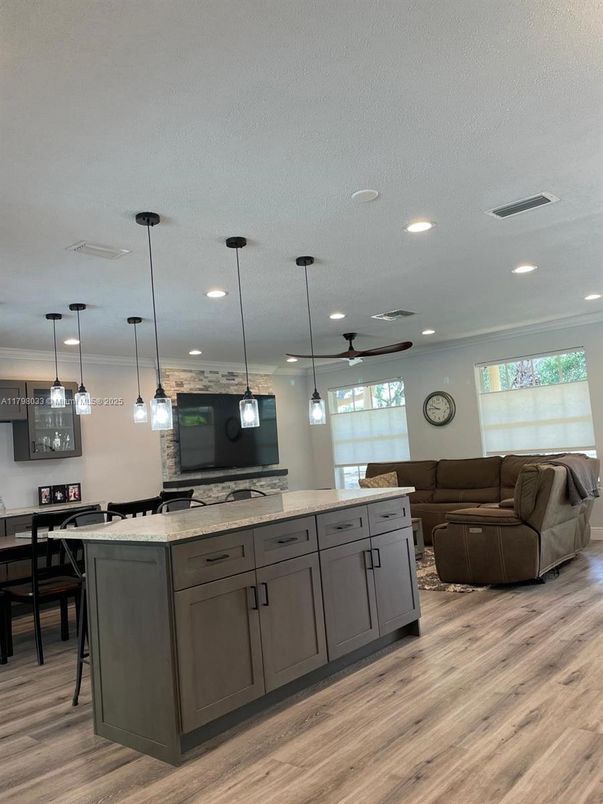 Dining room, Interior, Kitchen, Living room, Pendant Lights, Recessed Lighting, Wood Texture Flooring