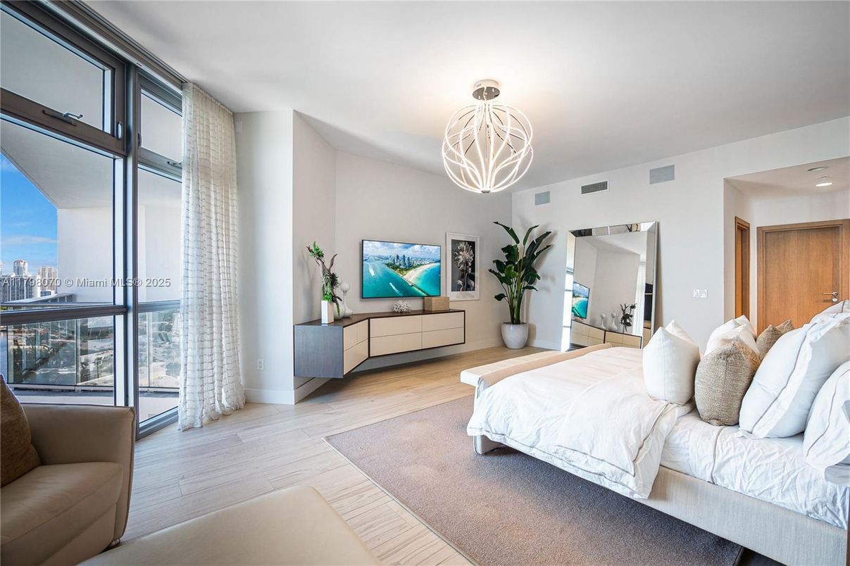 Bedroom, Chandelier, Interior, Wood Texture Flooring
