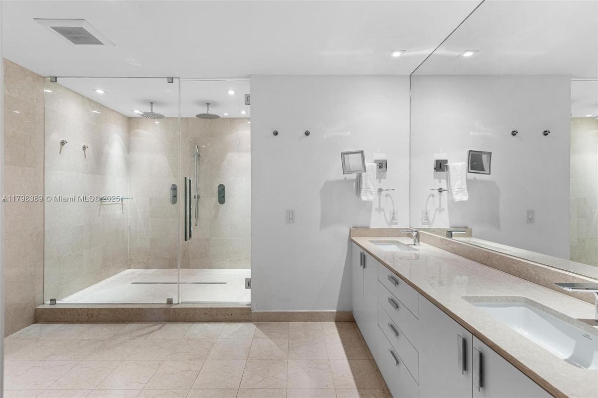 Bathroom, Dual Sink Vanities, Glass Shower, Interior, Recessed Lighting