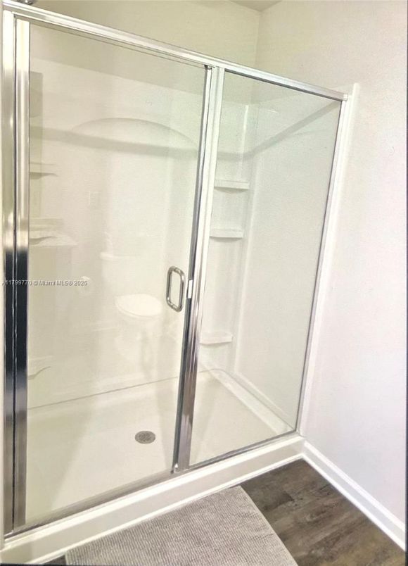 Bathroom, Glass Shower, Interior, Wood Texture Flooring