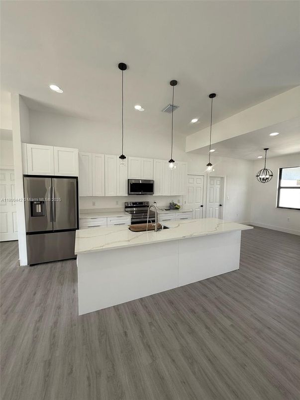 Interior, Kitchen, Pendant Lights, Recessed Lighting, Stainless Steel Appliances, Wood Texture Flooring