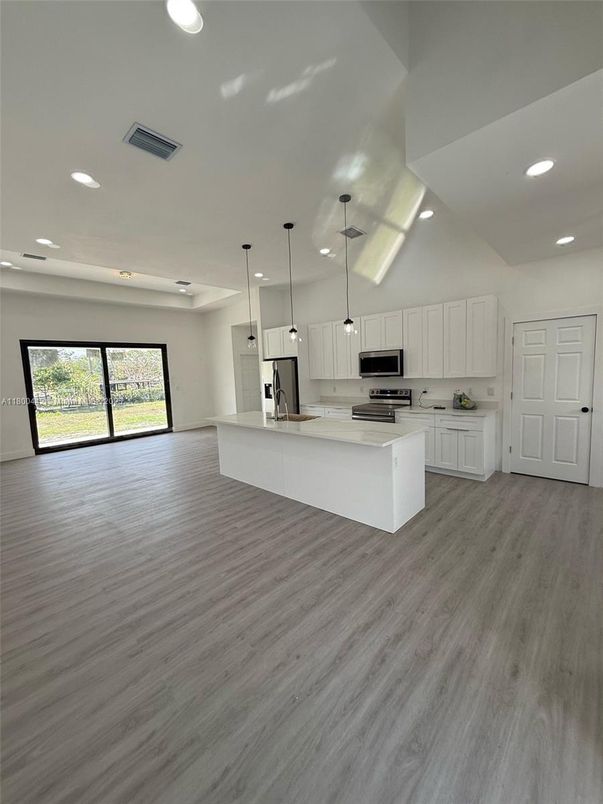 Interior, Kitchen, Pendant Lights, Recessed Lighting, Stainless Steel Appliances, Wood Texture Flooring