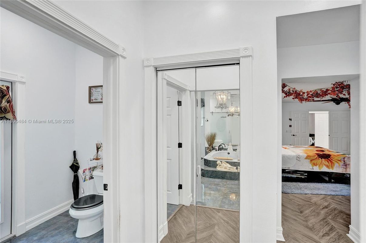 Bathroom, Glass Shower, Interior, Wood Texture Flooring