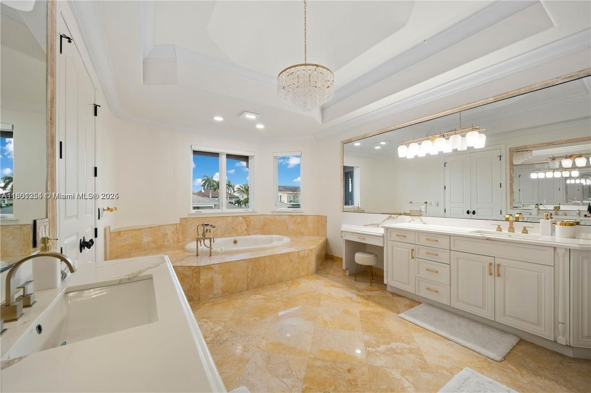 Bathroom, Chandelier, Dual Sink Vanities, Interior, Pendant Lights, Recessed Lighting
