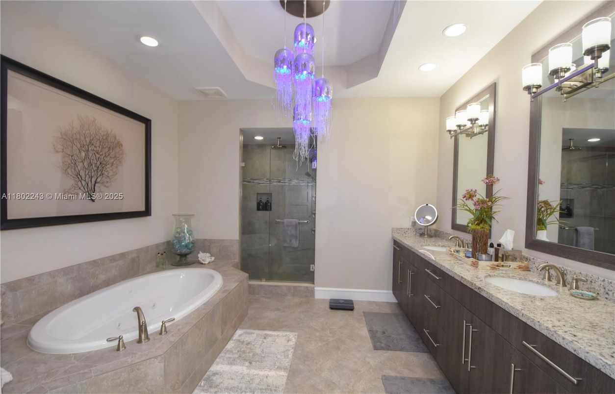 Bathroom, Chandelier, Dual Sink Vanities, Glass Shower, Interior, Recessed Lighting