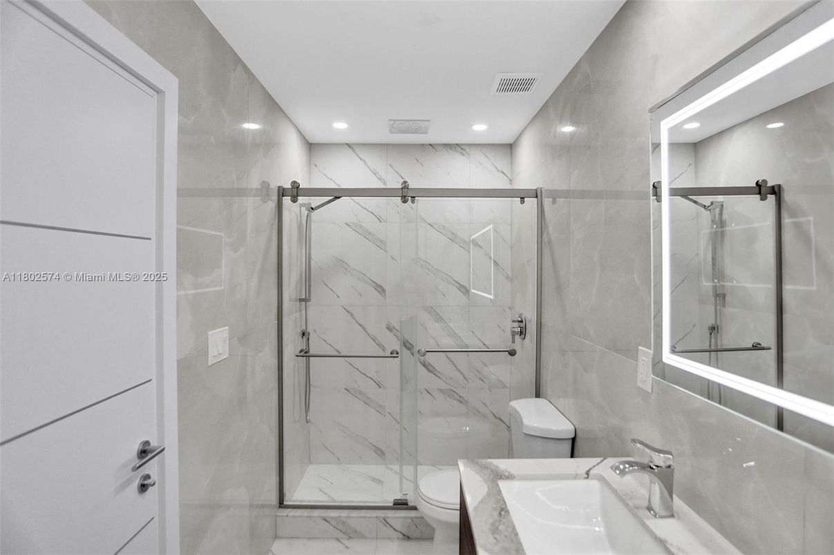 Bathroom, Glass Shower, Interior, Marble, Marble Walls, Recessed Lighting
