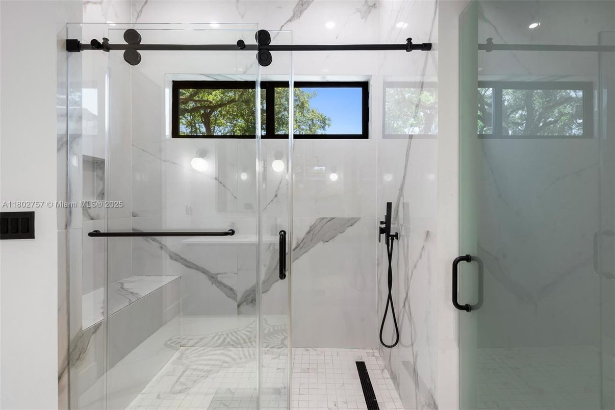 Bathroom, Glass Shower, Interior, Marble Walls, Recessed Lighting