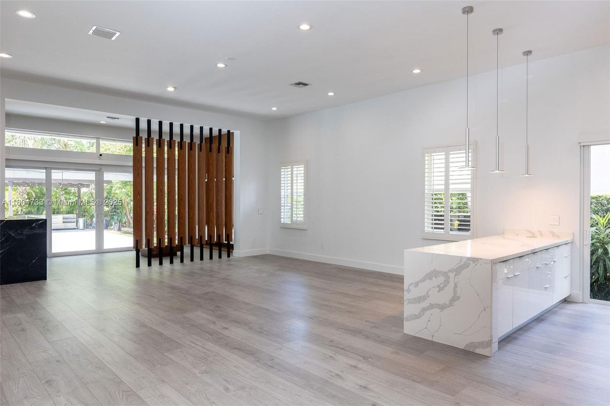 Empty room, Interior, Kitchen, Pendant Lights, Recessed Lighting, Wood Texture Flooring