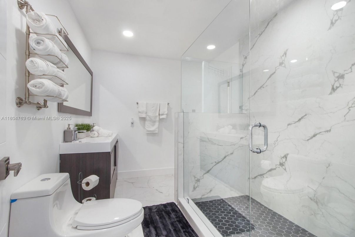 Bathroom, Glass Shower, Interior, Marble Walls, Recessed Lighting