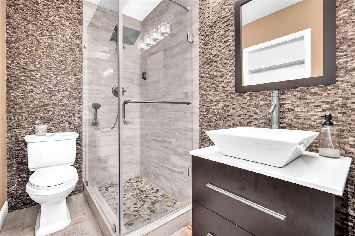 Bathroom, Glass Shower, Interior, Wood Texture Flooring