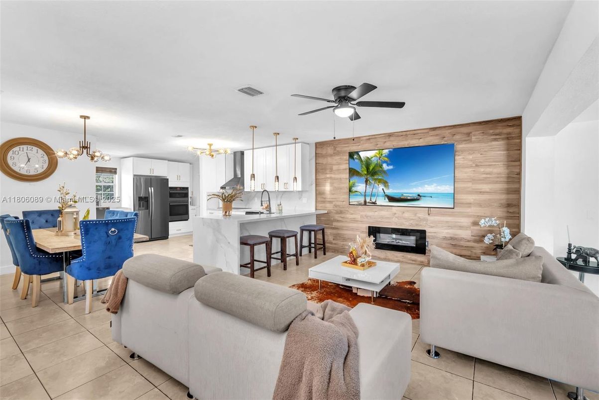 Dining room, Fireplace, Interior, Kitchen, Living room, Pendant Lights, Wooden Walls