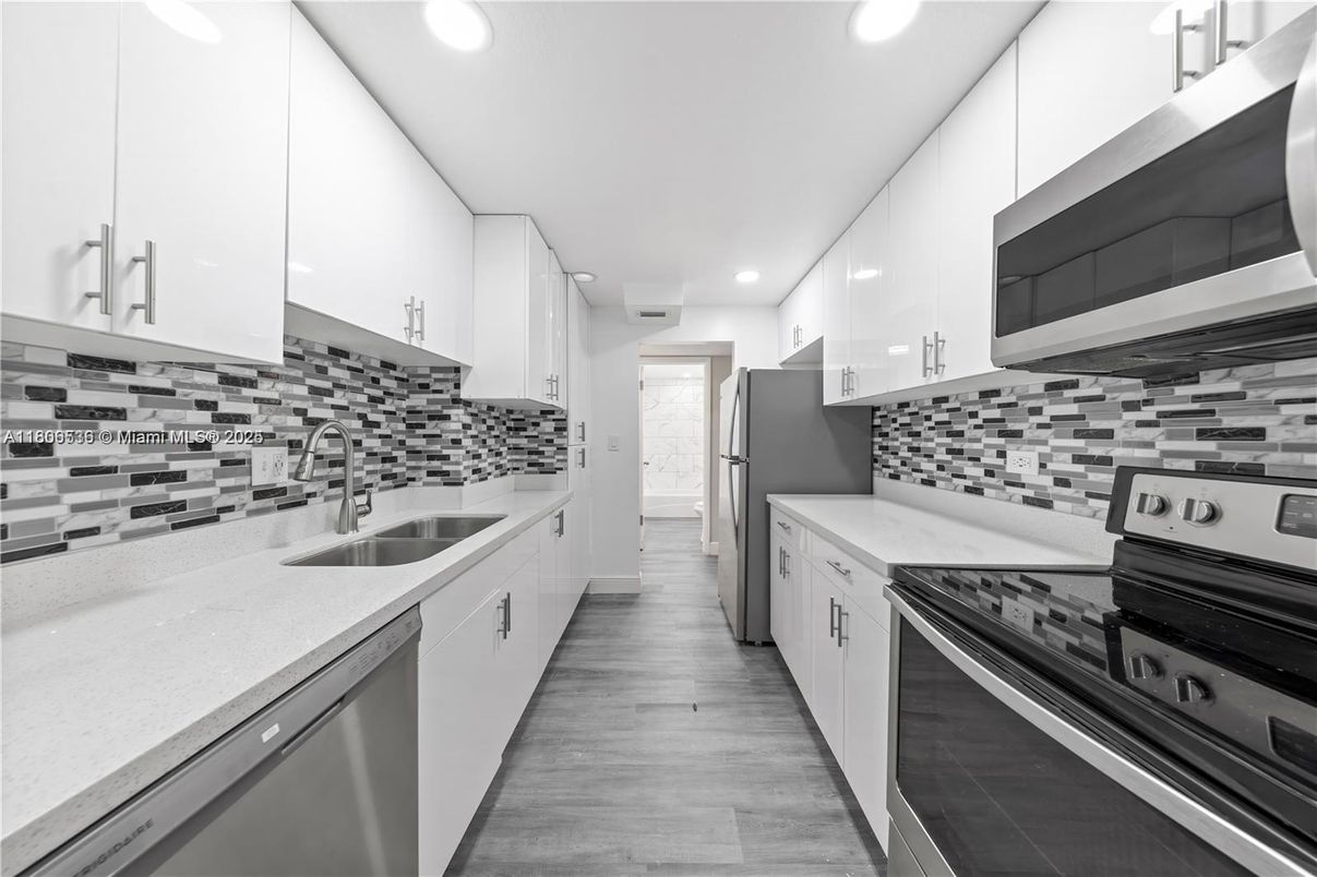 Interior, Kitchen, Recessed Lighting, Stainless Steel Appliances, Wood Texture Flooring