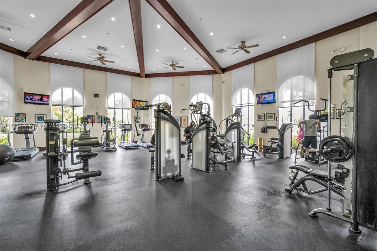 Fitness Equipment, Gym, Interior, Recessed Lighting, Wooden Beams