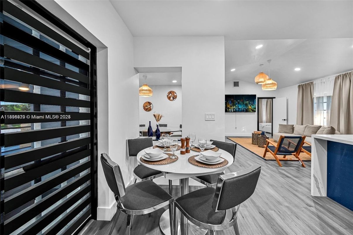 Dining room, Interior, Living room, Pendant Lights, Recessed Lighting, Wood Texture Flooring