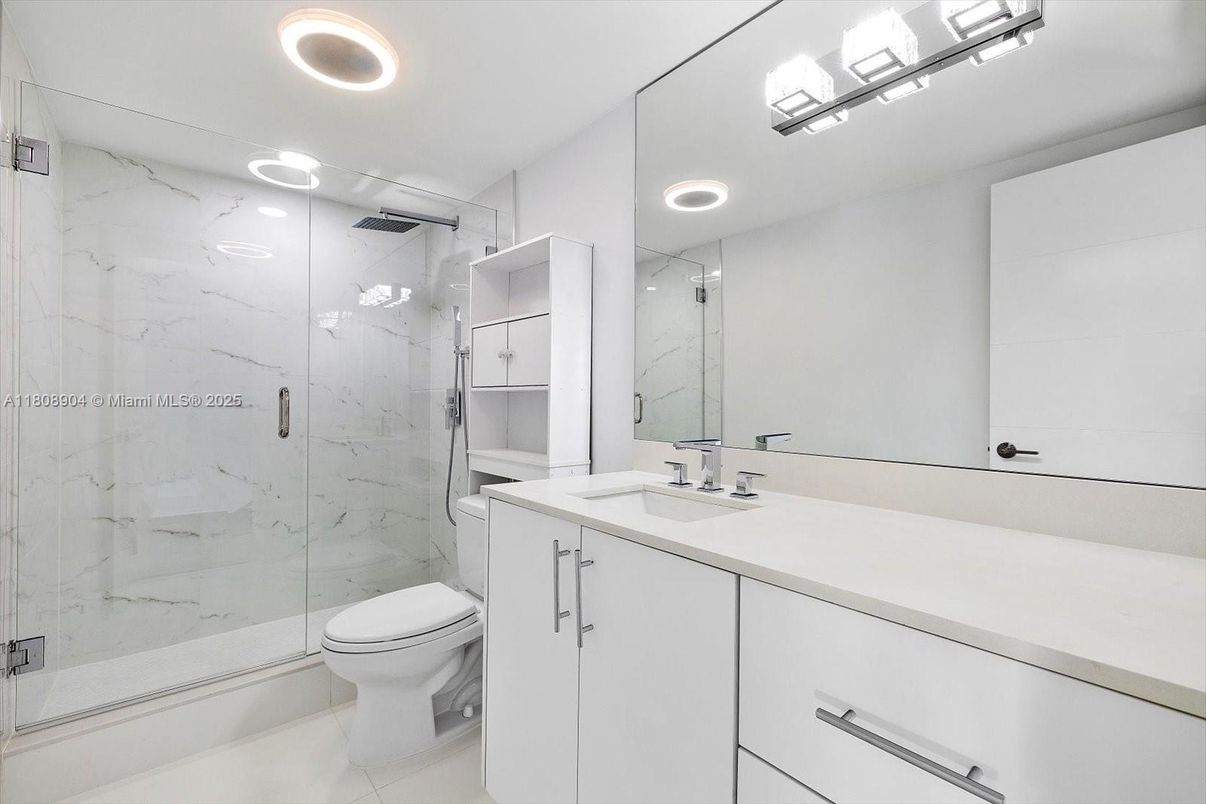 Bathroom, Glass Shower, Interior, Marble Walls, Recessed Lighting