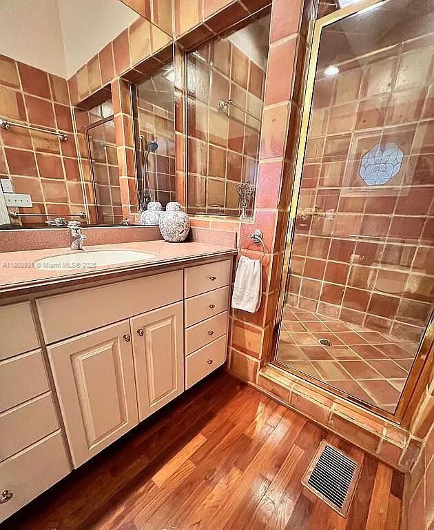 Bathroom, Glass Shower, Interior, Tile Countertops, Wood Texture Flooring