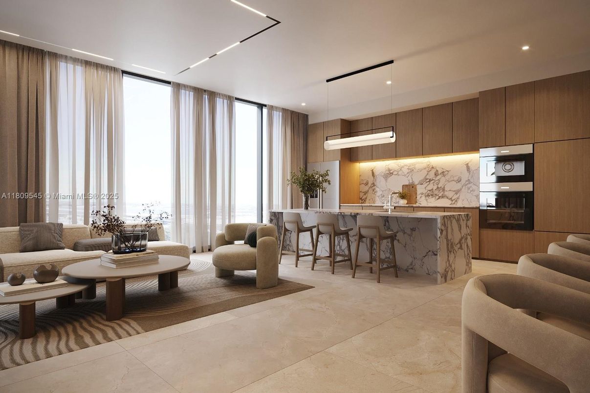 Interior, Kitchen, Marble Walls, Pendant Lights, Recessed Lighting