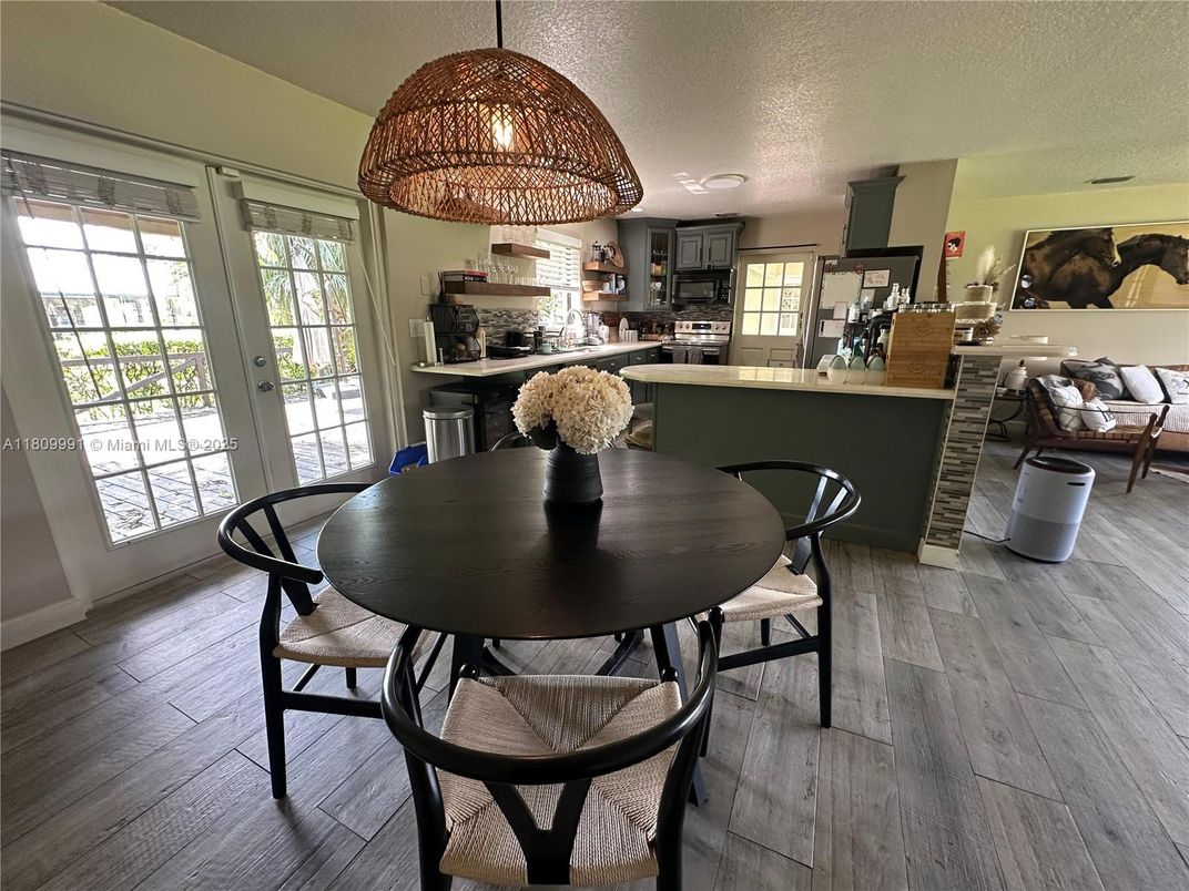 Dining room, Interior, Kitchen, Pendant Lights, Wood Texture Flooring