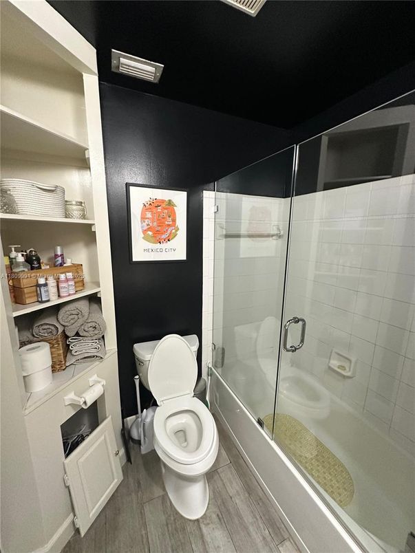 Bathroom, Glass Shower, Interior, Wood Texture Flooring