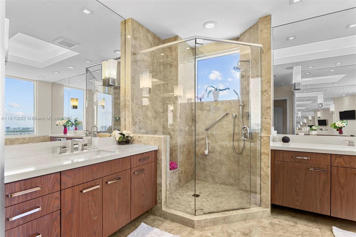 Bathroom, Dual Sink Vanities, Glass Shower, Interior, Recessed Lighting
