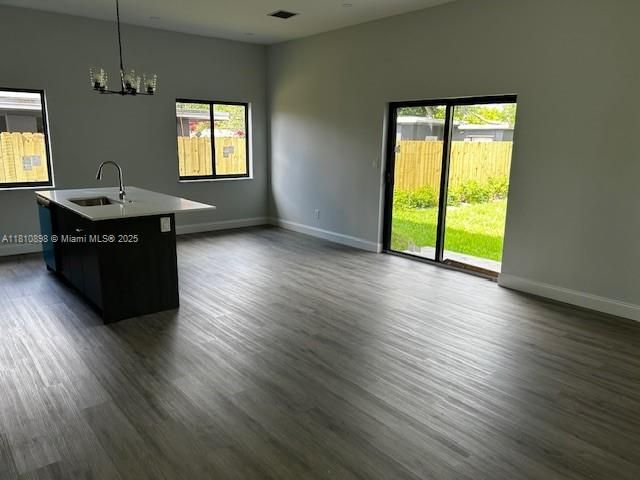 Chandelier, Empty room, Interior, Kitchen, Recessed Lighting, Wood Texture Flooring