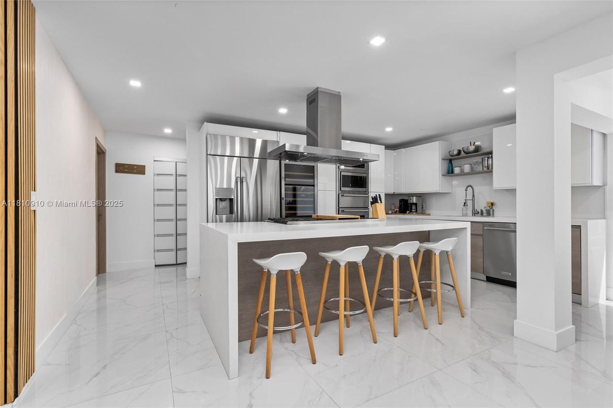 Interior, Kitchen, Marble, Recessed Lighting, Stainless Steel Appliances