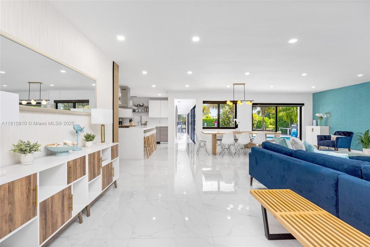 Dining room, Interior, Kitchen, Living room, Marble, Pendant Lights, Recessed Lighting, Stainless Steel Appliances
