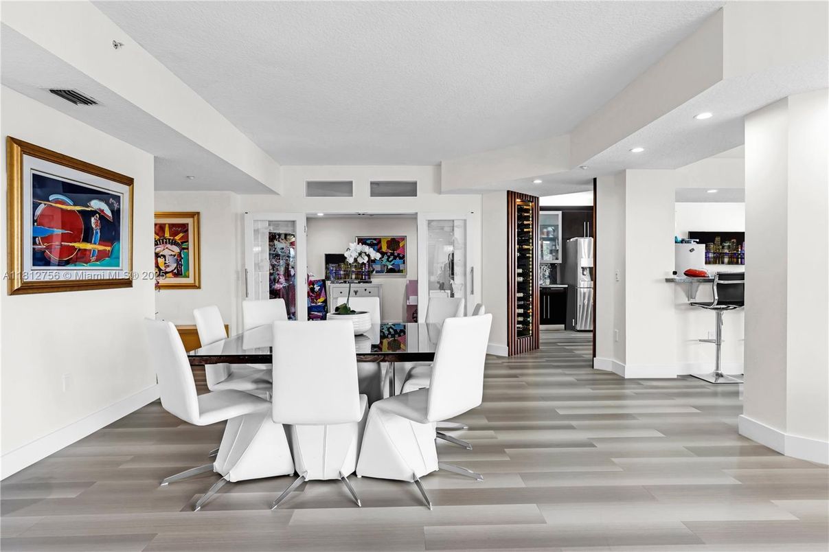 Dining room, Interior, Recessed Lighting, Wood Texture Flooring