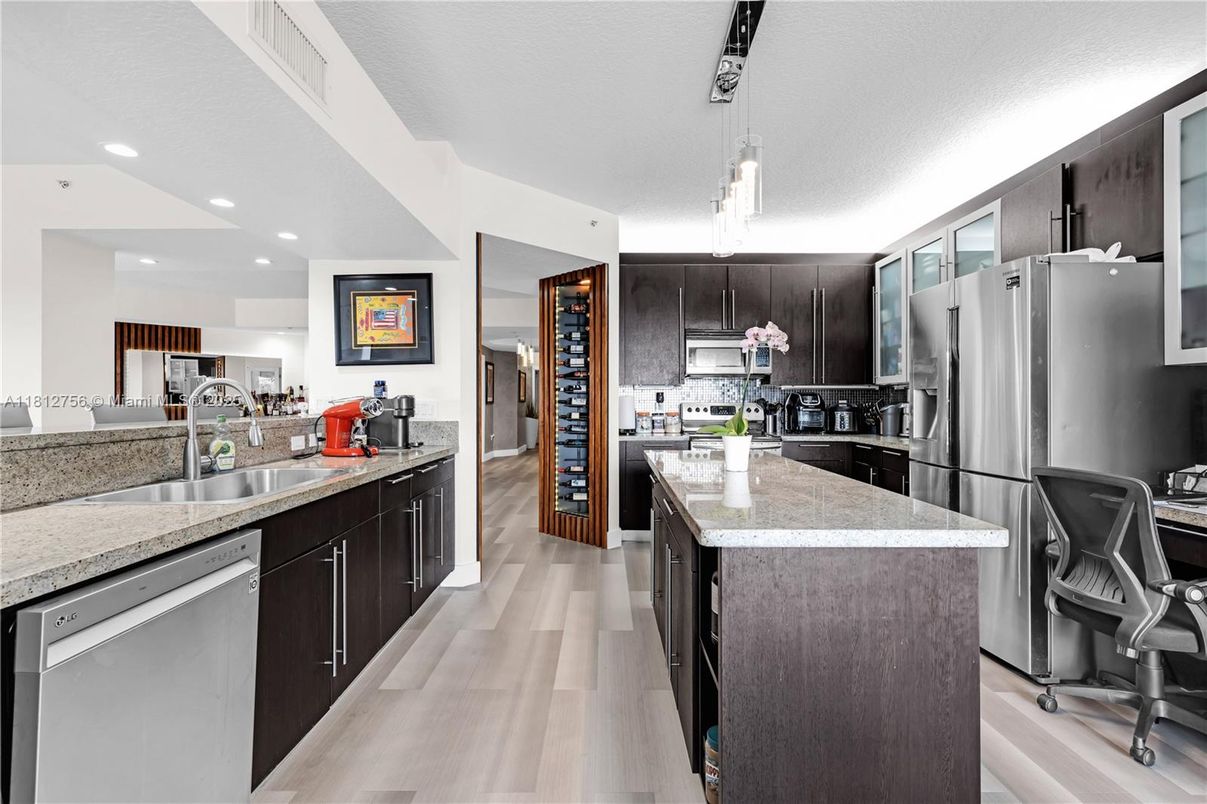 Interior, Kitchen, Pendant Lights, Recessed Lighting, Stainless Steel Appliances, Wood Texture Flooring