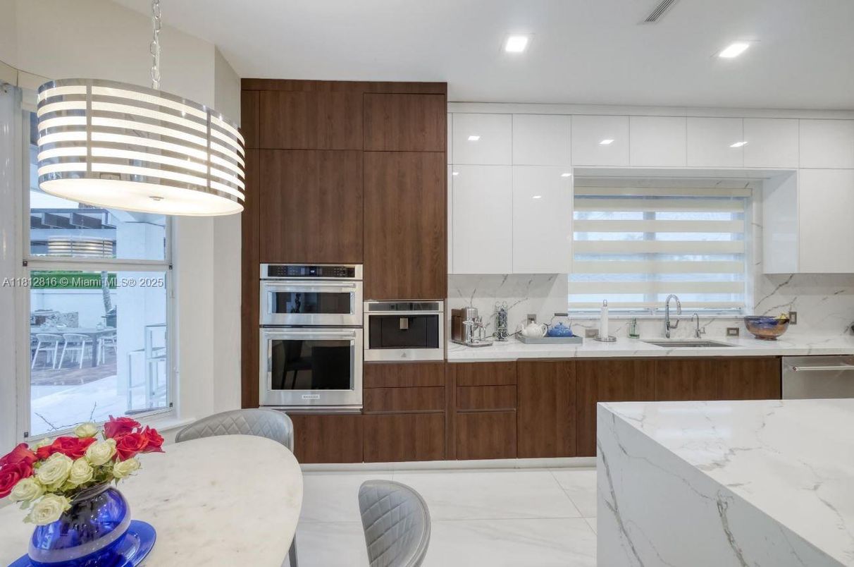 Interior, Kitchen, Marble, Pendant Lights, Recessed Lighting, Stainless Steel Appliances