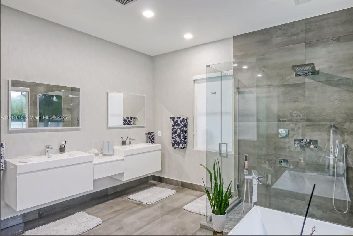 Bathroom, Dual Sink Vanities, Glass Shower, Interior, Recessed Lighting, Wood Texture Flooring