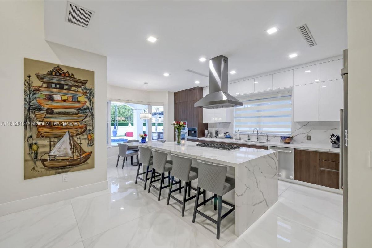 Interior, Kitchen, Marble, Pendant Lights, Recessed Lighting, Stainless Steel Appliances