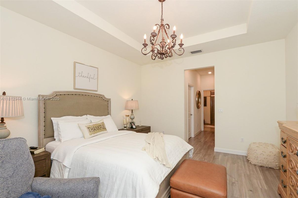 Bedroom, Chandelier, Interior, Wood Texture Flooring