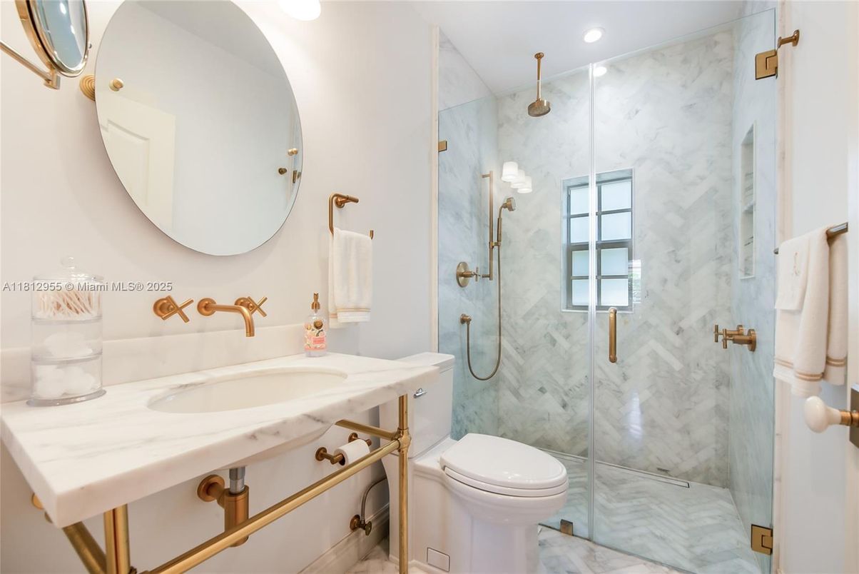 Bathroom, Glass Shower, Interior, Marble, Marble Walls, Recessed Lighting