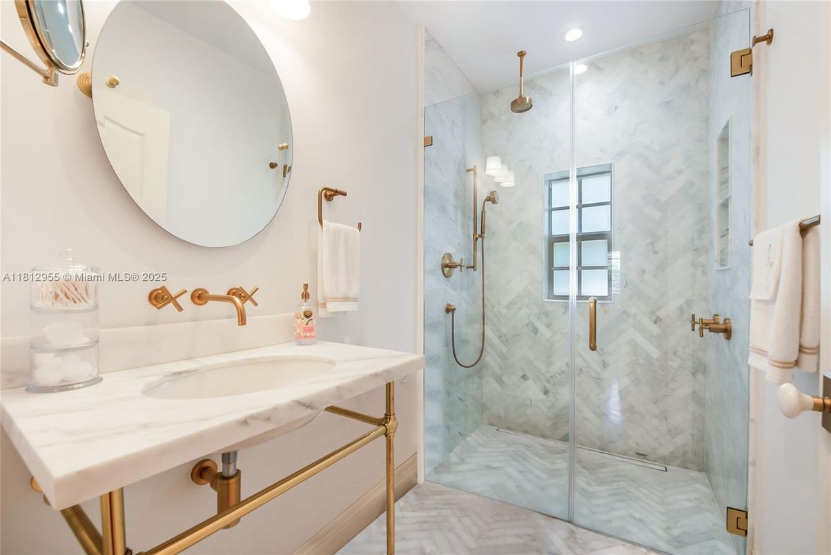 Bathroom, Glass Shower, Interior, Marble, Marble Walls, Recessed Lighting