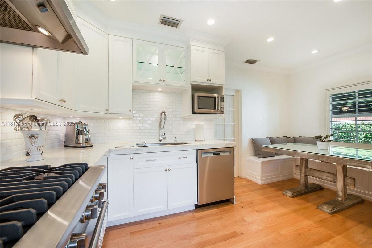 Interior, Kitchen, Recessed Lighting, Stainless Steel Appliances, Wood Texture Flooring