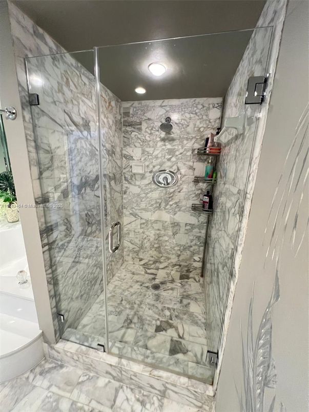Bathroom, Glass Shower, Interior, Marble, Marble Walls, Recessed Lighting