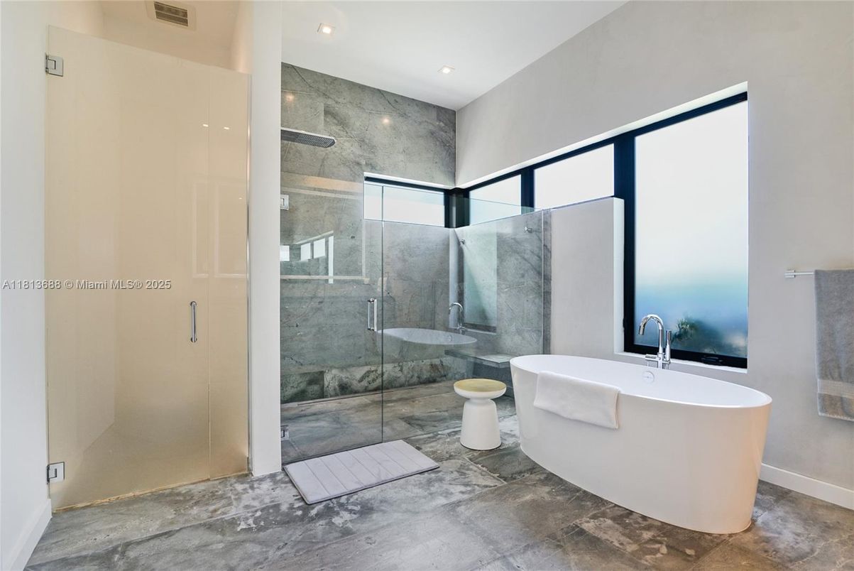 Bathroom, Free Standing Baths, Glass Shower, Interior, Marble, Marble Walls, Recessed Lighting