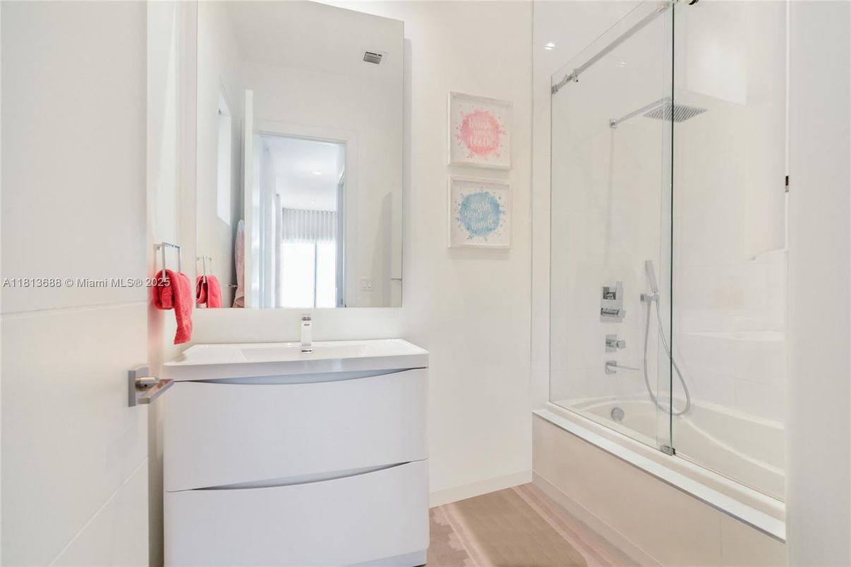 Bathroom, Glass Shower, Interior, Wood Texture Flooring
