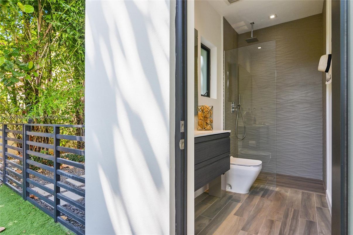 Bathroom, Glass Shower, Interior, Recessed Lighting, Wood Texture Flooring