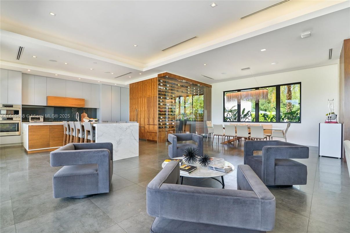 Dining room, Interior, Kitchen, Living room, Recessed Lighting, Stainless Steel Appliances, Wine Storage