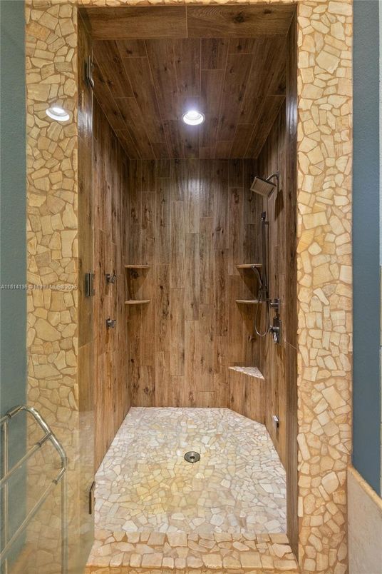 Interior, Recessed Lighting, Stone Walls, Wooden Ceilings, Wooden Walls