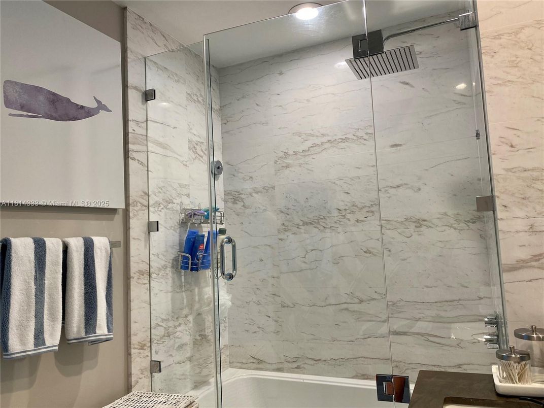 Bathroom, Glass Shower, Interior, Marble Walls, Recessed Lighting