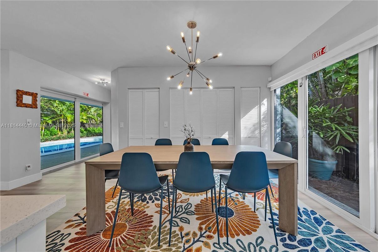 Dining room, Interior, Pendant Lights, Wood Texture Flooring